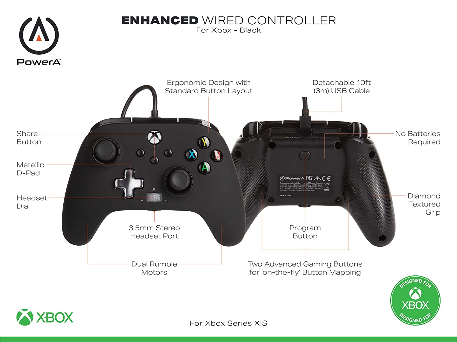 PowerA Enhanced Wired Gaming Controller for Xbox Series X/S and Xbox One, Black (Officially Licensed)