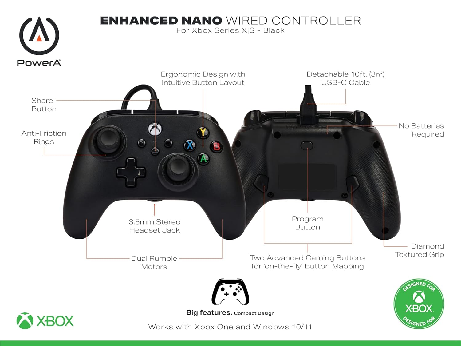 PowerA Nano Enhanced Wired Gaming Controller for Xbox Series X/S, Xbox One, PC, Windows 10/11, compact and smaller than standard Xbox controllers, Black (Officially Licensed)