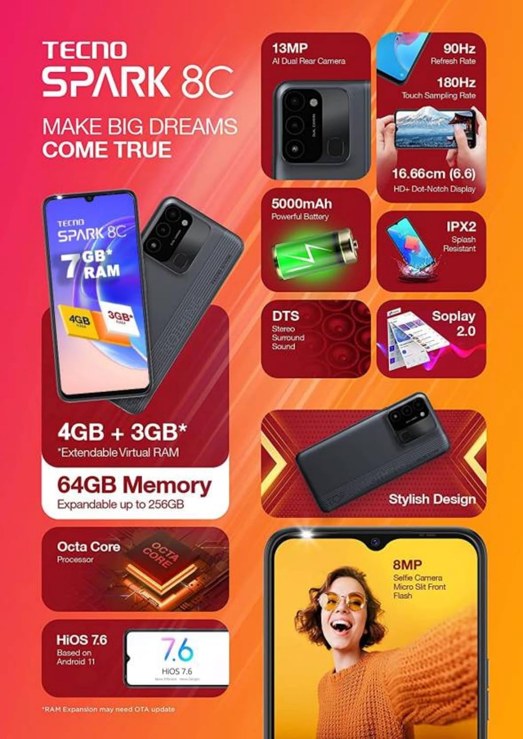 Tecno Spark 8C (4GB RAM, 64GB Storage) | 13MP AI-Enhanced Dual Camera | HD+ 6.6" Dot Notch Screen | Upto 7GB Memory fusion | 5000mAh Long-lasting Battery | 8MP Portrait Camera Beauty 3.0 (Refurbished)