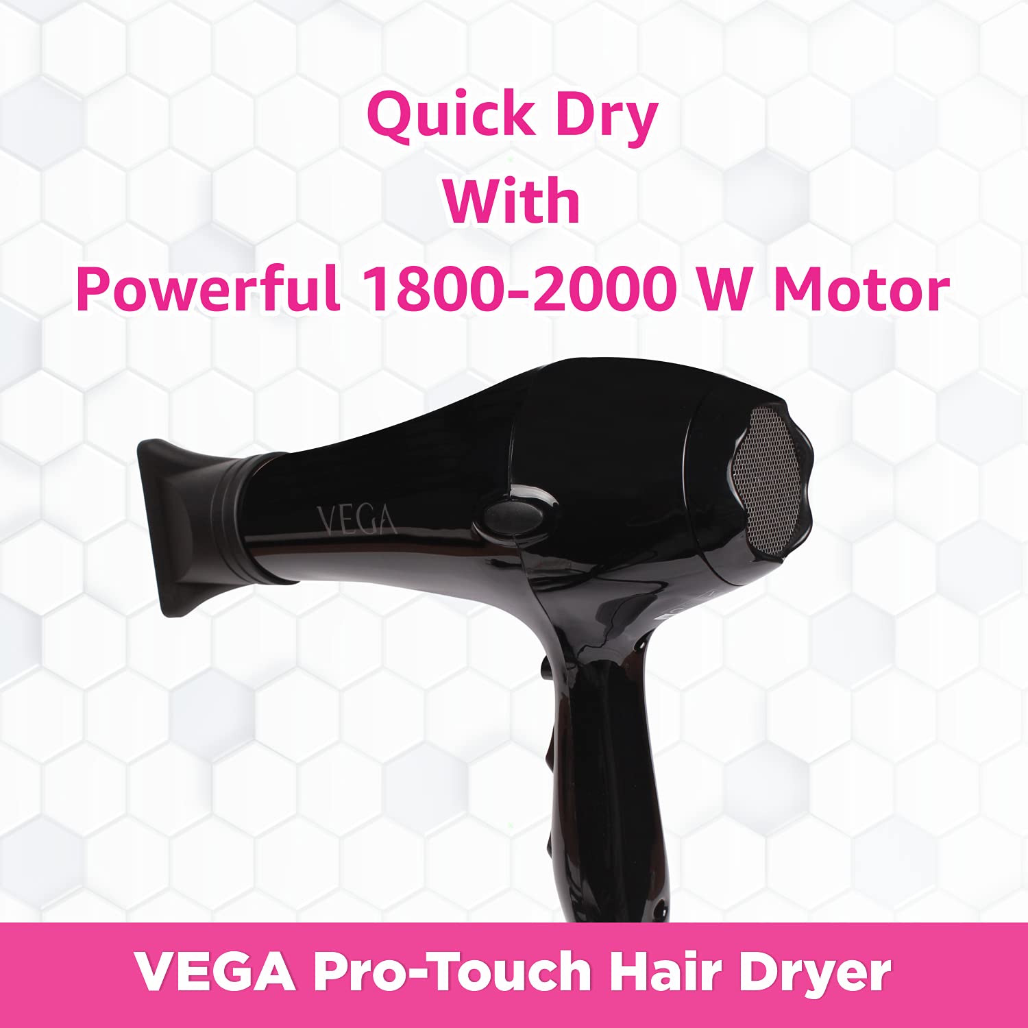 VEGA Pro Touch 1800-2000 Watts Professional Hair Dryer with 2 Detachable Nozzles (VHDP-02)- Black