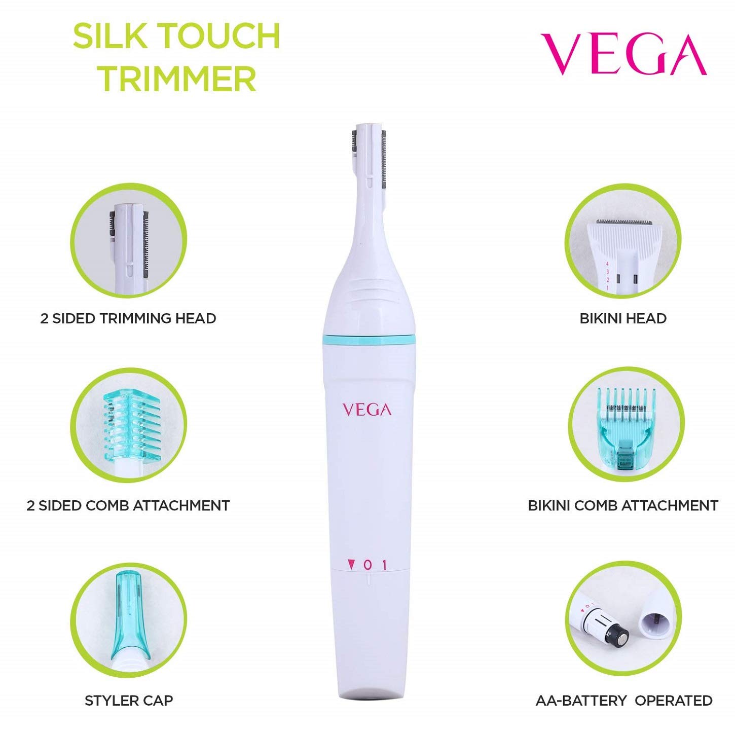 VEGA Silk Touch Eyebrow, Underarms & Bikini Trimmer for Women, (VHBT-01)