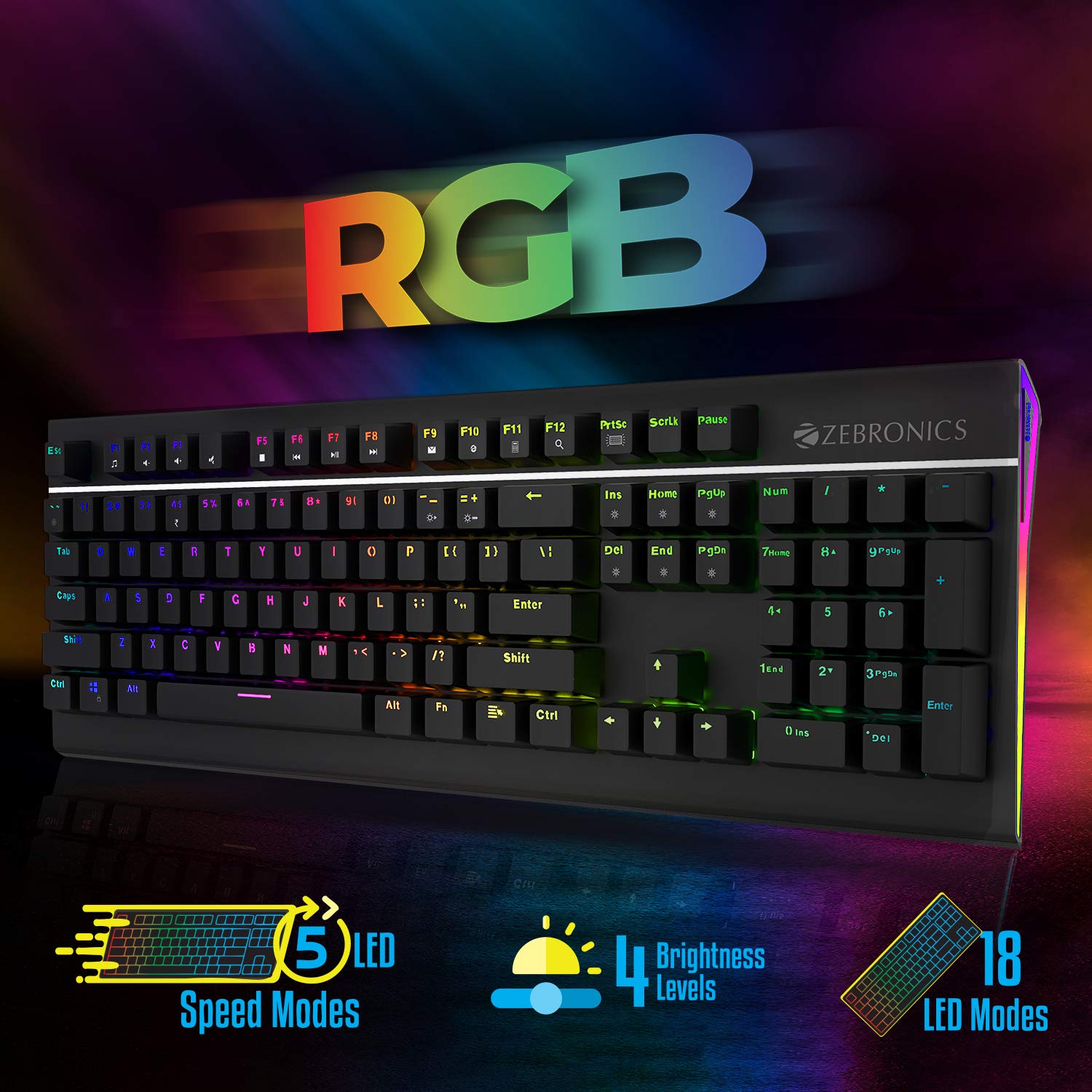 Zebronics Zeb-Max Pro Mechanical Gaming Full Size Keyboard, Suspended Keycaps, 18 RGB Light Modes (Gold Plated USB, Braided Cable)