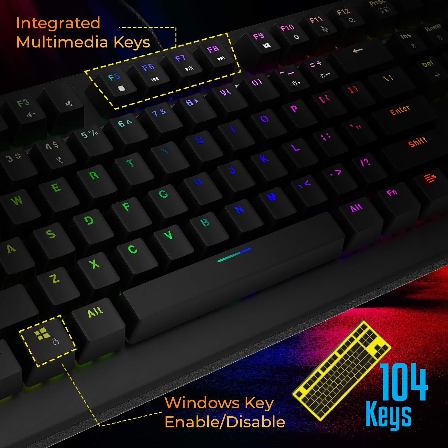 Zebronics Zeb-Max Pro Mechanical Gaming Full Size Keyboard, Suspended Keycaps, 18 RGB Light Modes (Gold Plated USB, Braided Cable)