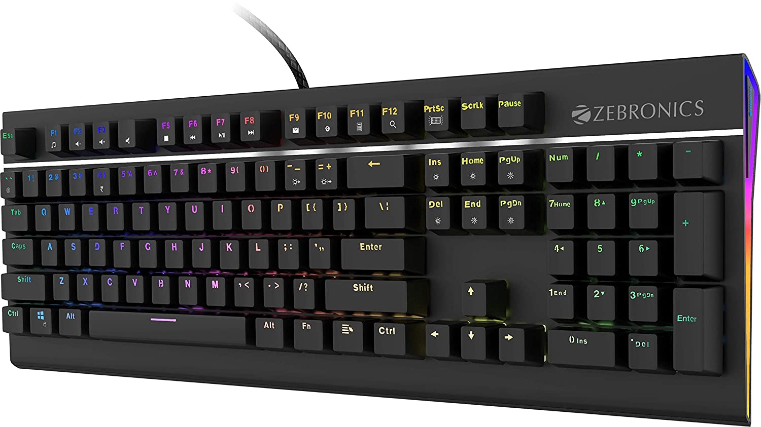 Zebronics Zeb-Max Pro Mechanical Gaming Full Size Keyboard, Suspended Keycaps, 18 RGB Light Modes (Gold Plated USB, Braided Cable)