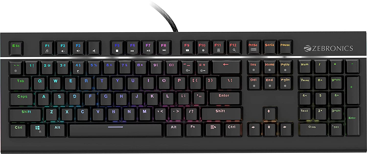 Zebronics Zeb-Max Pro Mechanical Gaming Full Size Keyboard, Suspended Keycaps, 18 RGB Light Modes (Gold Plated USB, Braided Cable)