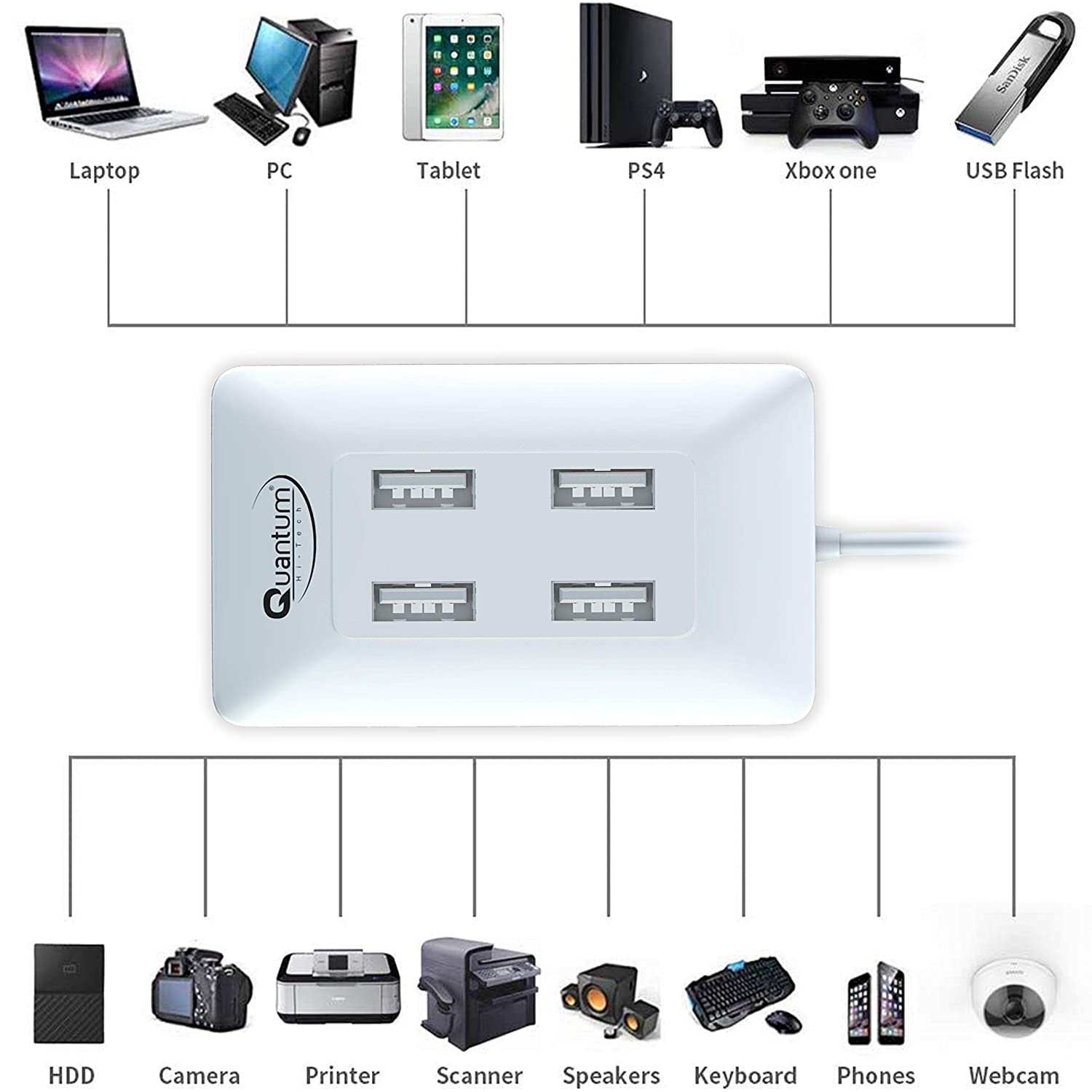 Quantum QHM6633 4-Port Hi-Speed USB Hub with 480 Mbps Speed (Multicolor)