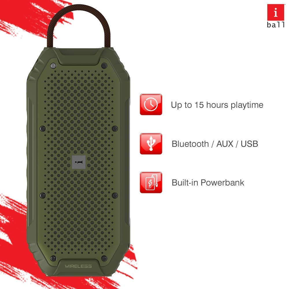 iBall Musi Rock 16 Watt Truly Wireless Bluetooth Portable Outdoor Speaker (Dark Green)