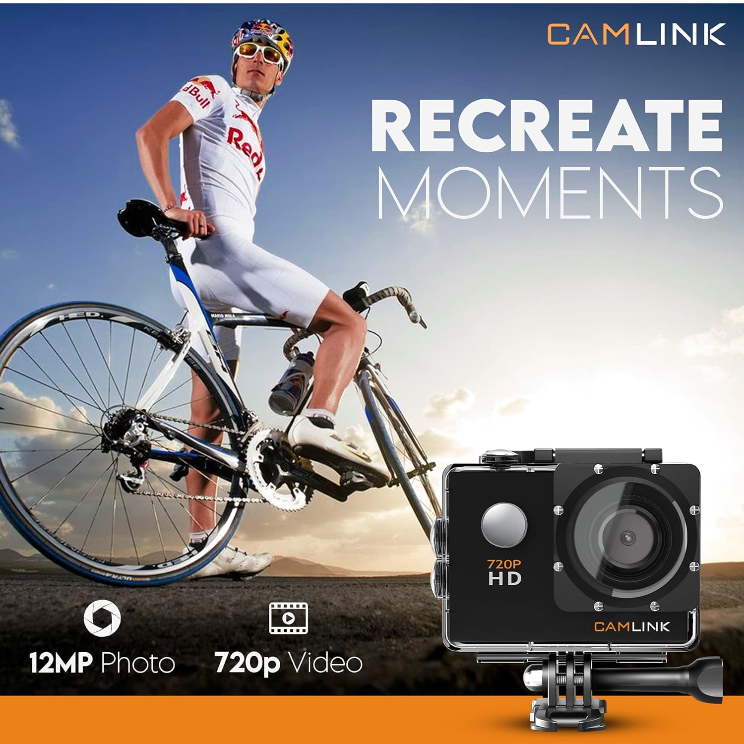 CAMLINK CL-AC11 720P Optical 12MP HD Action Camera Wide Angle Camcorder 30M Waterproof Sports Camera