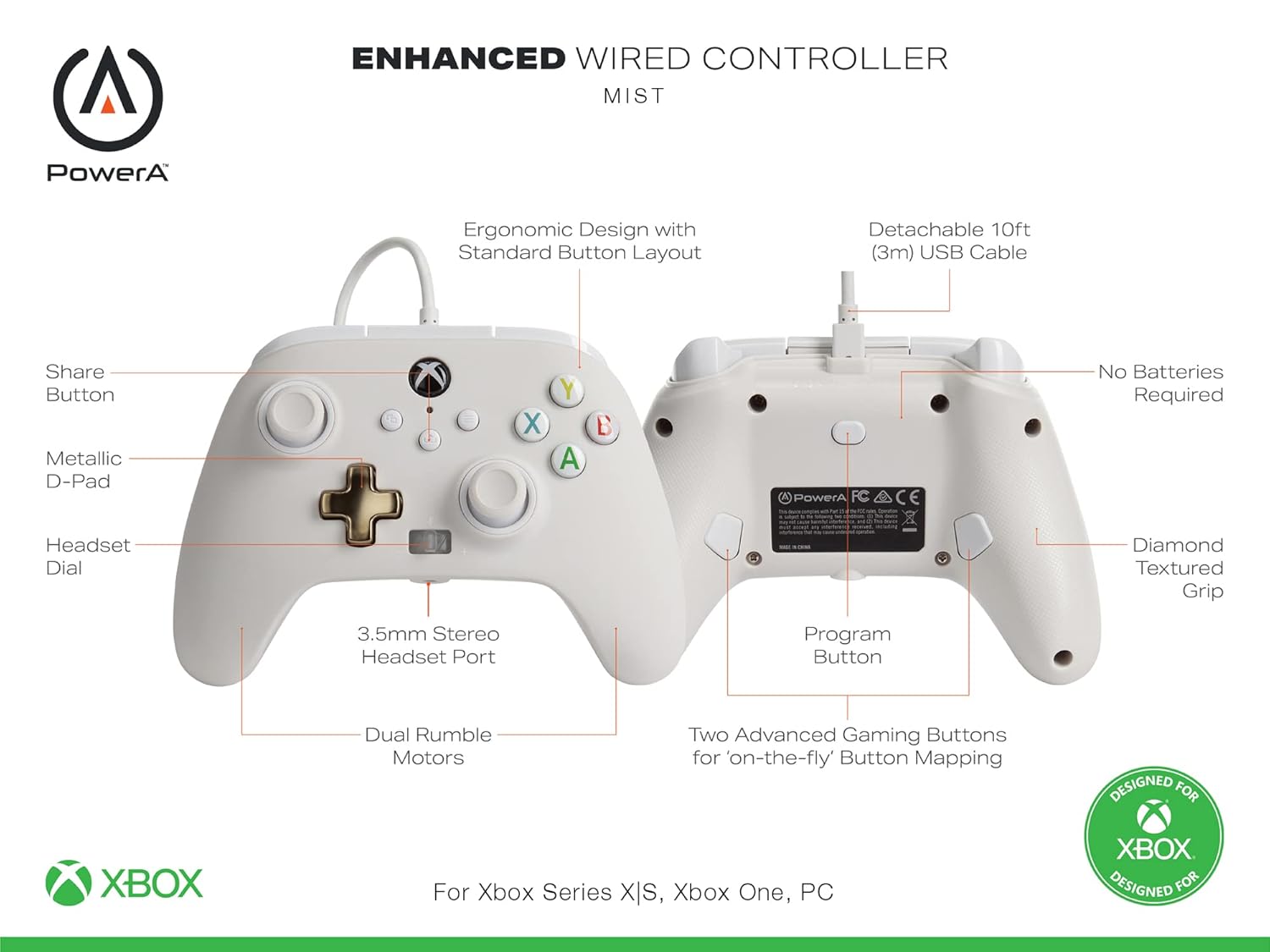 PowerA Enhanced Wired Gaming Controller for Xbox Series X/S and Xbox One, White, Mist (Officially Licensed)