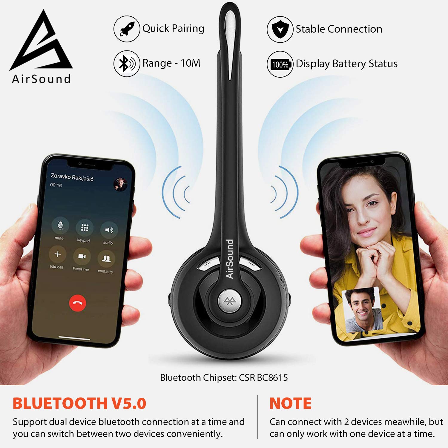 AirSound M6 Pro Bluetooth V5.0 Wireless Headset | Flexible Microphone, for Conference Calls,