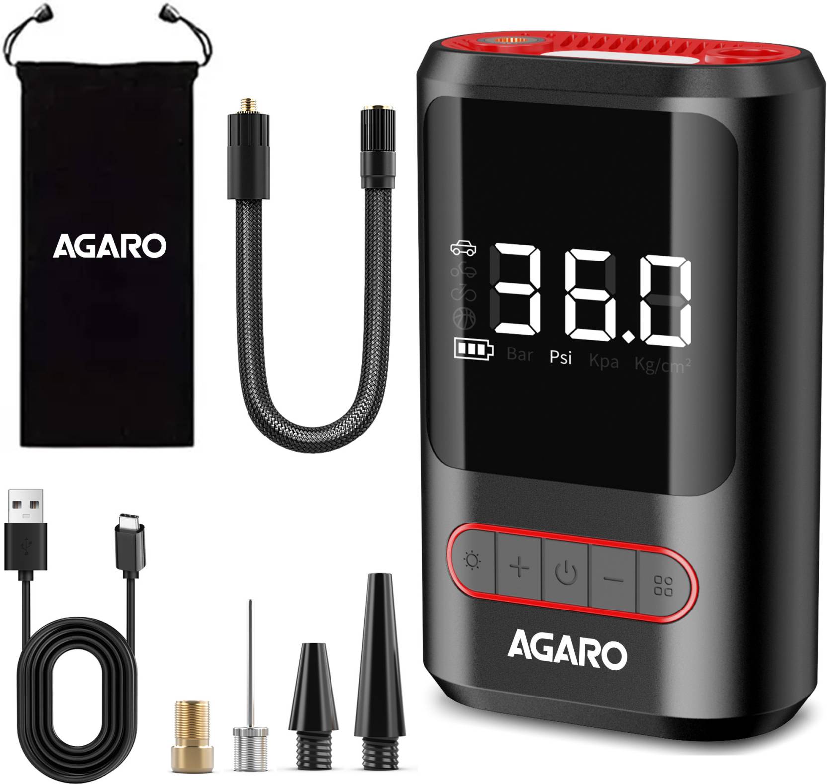 AGARO Galaxy Cordless Tyre inflator, for Cars & Bikes, Upto 150 PSI, 2X2000 mAh Battery, Powerbank, LED Flash Light, Rechargeable Type C Port, Digital Display, Multiple Nozzles