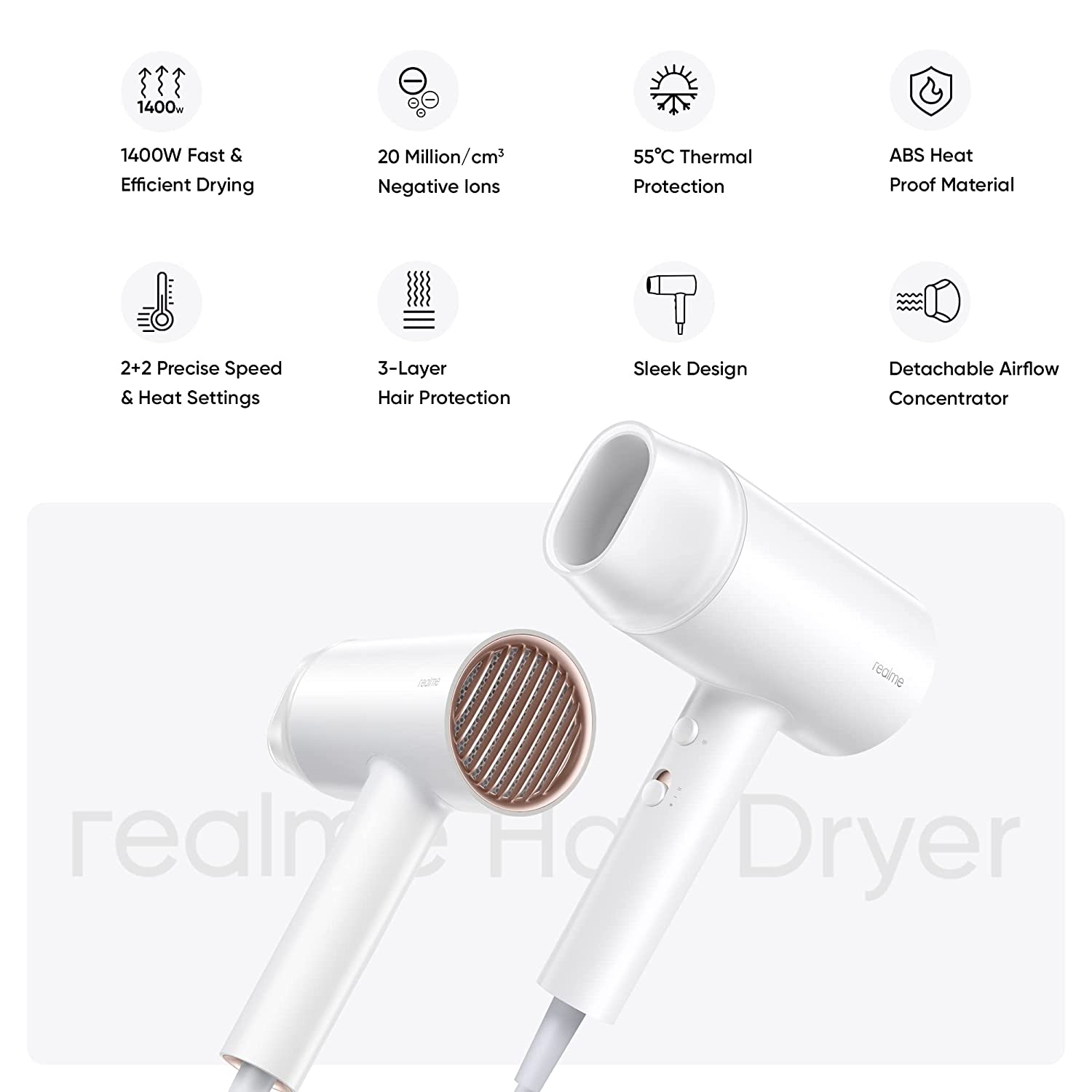 Realme hair dryer 1400watts with ionic technology dual temperature speed settings white